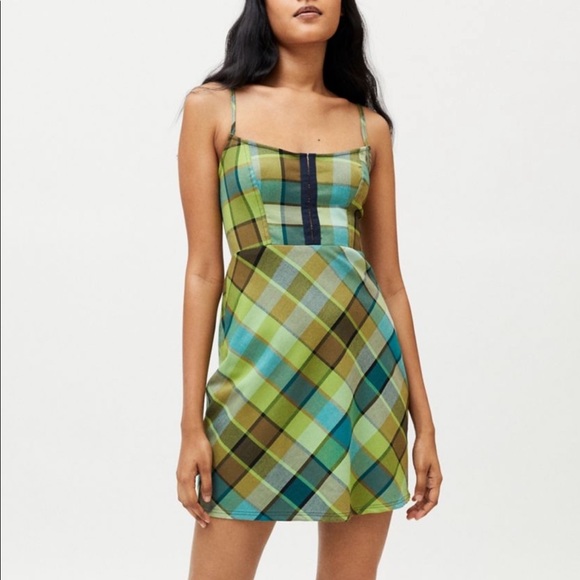 Urban Outfitters Dresses & Skirts - NWT UO 90s Y2K Lime Green Plaid Hook Front Dress